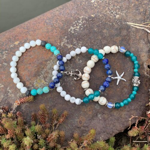 Bracelet Marin - pierres semi-précieuses; ancre marine, étoile de mer, Lapis lazuli, quartz, turquoise
