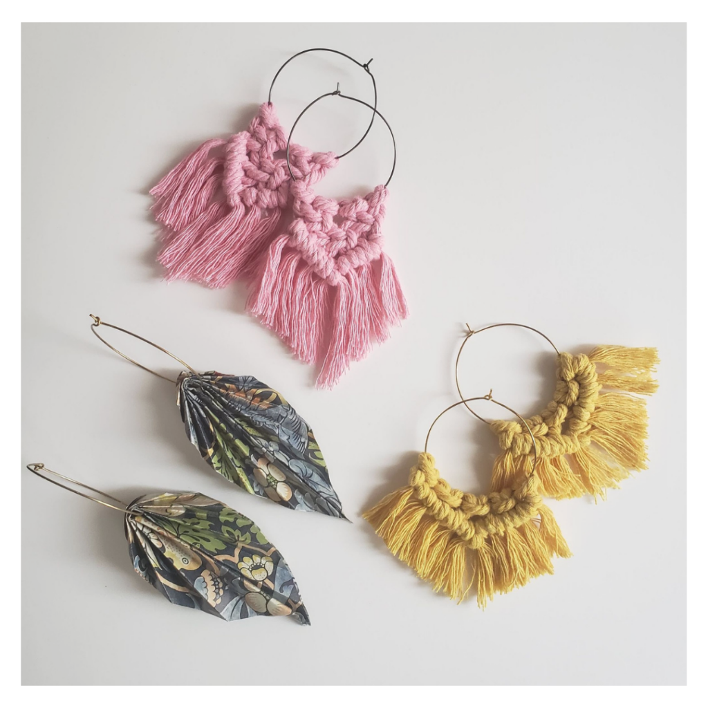 Papangue atelier créatif boucles d'oreilles Forêt et Soleil en origami et macramé